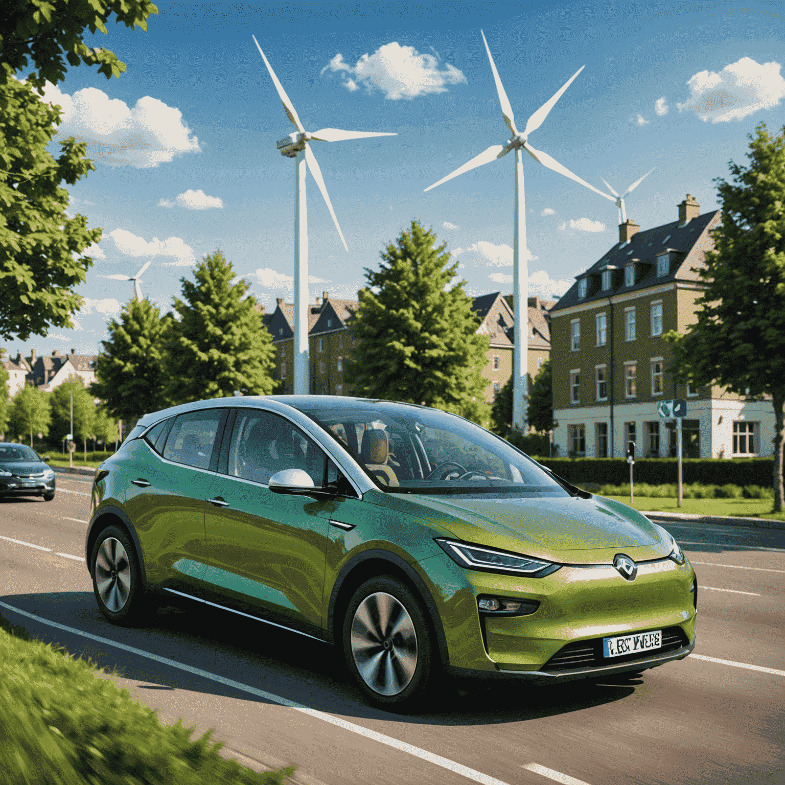 Een moderne elektrische auto rijdend door een groene, stedelijke omgeving, met windmolens op de achtergrond die duurzame energie symboliseren