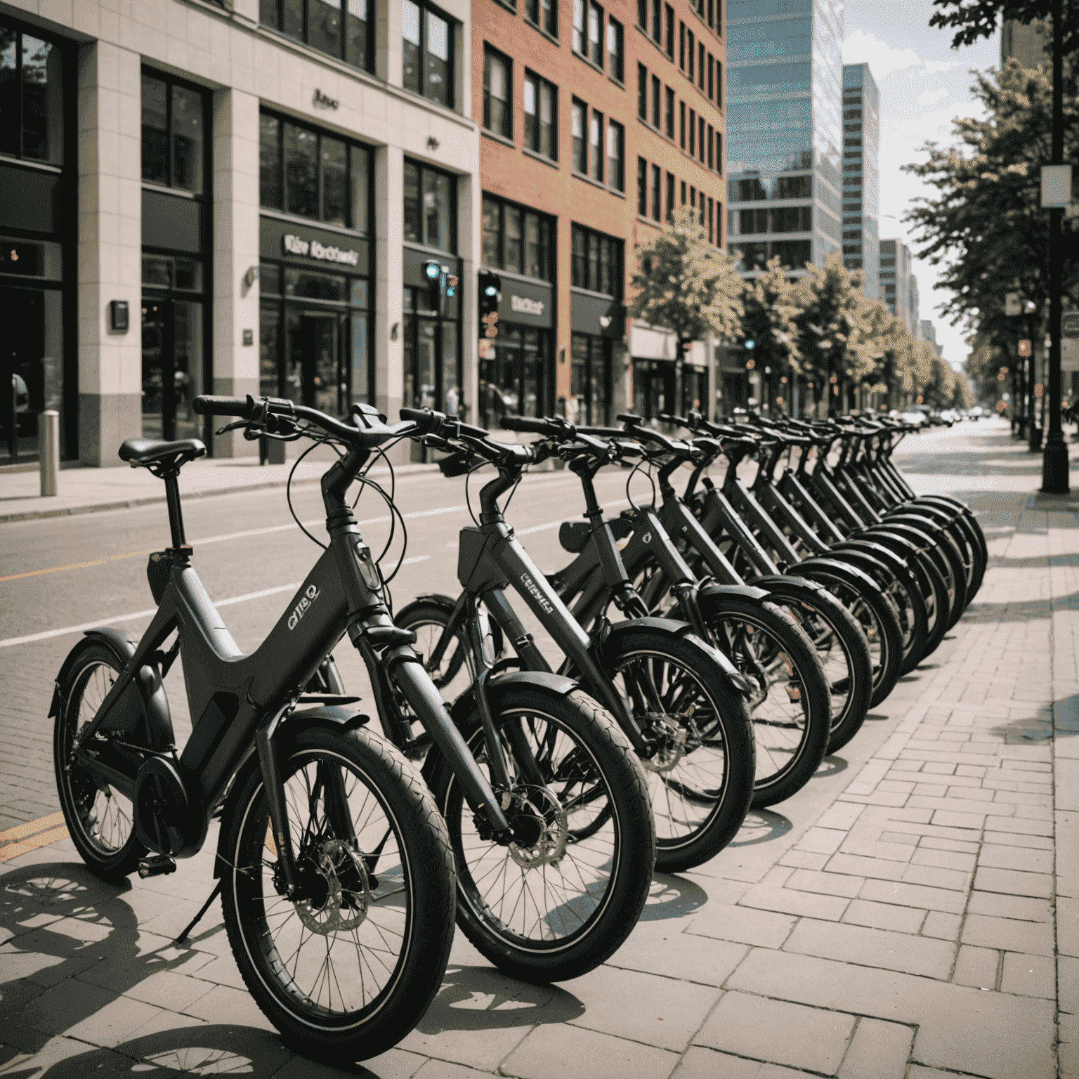 Vijf elektrische fietsen geparkeerd in een drukke stadsstraat, met moderne gebouwen op de achtergrond