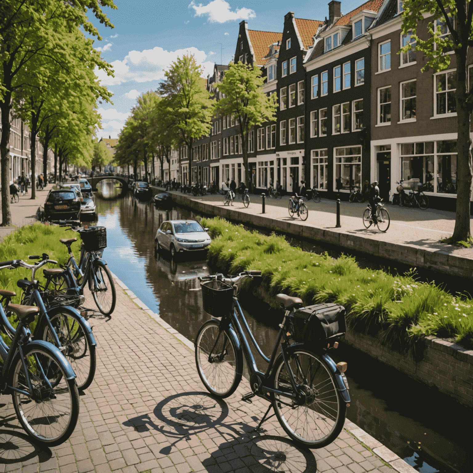 Elektrische auto's en fietsen in een typisch Nederlandse stadsomgeving met grachten en fietspaden