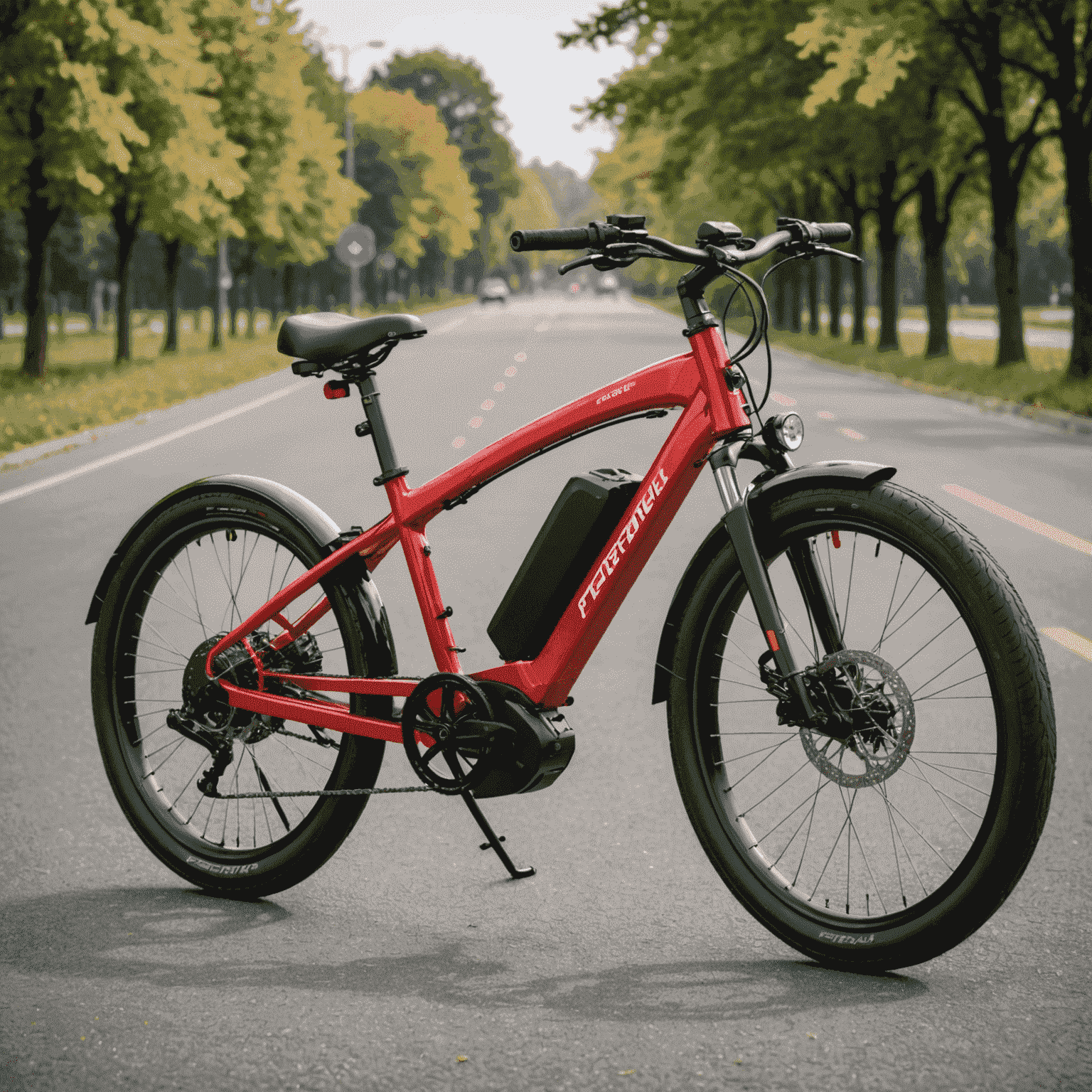 PowerPedal Elite elektrische fiets met sportief rood frame, dropstuur en dunne racefietsbanden, rijdend op een geasfalteerde weg met snelheidsstrepen