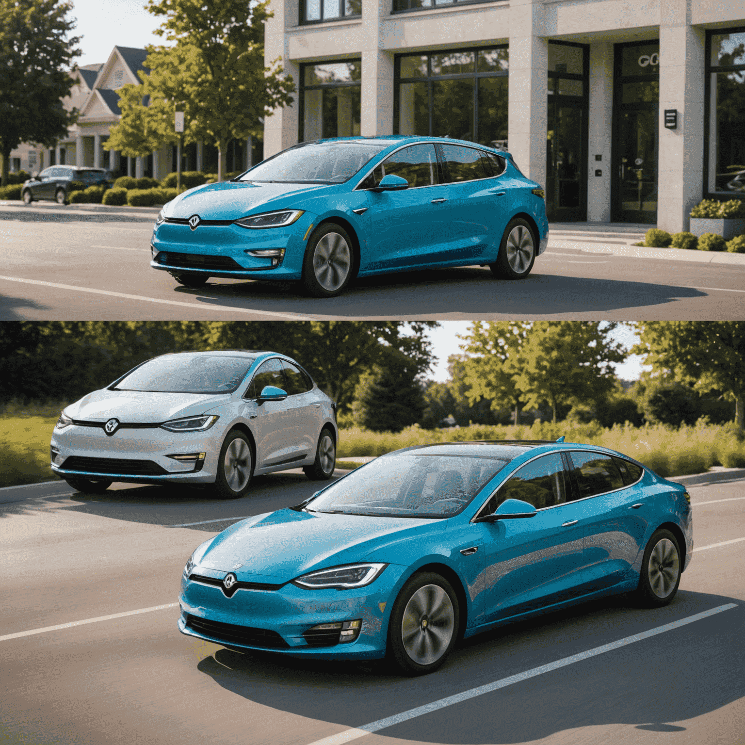 Split-screen afbeelding met een traditionele benzineauto links en een moderne elektrische auto rechts