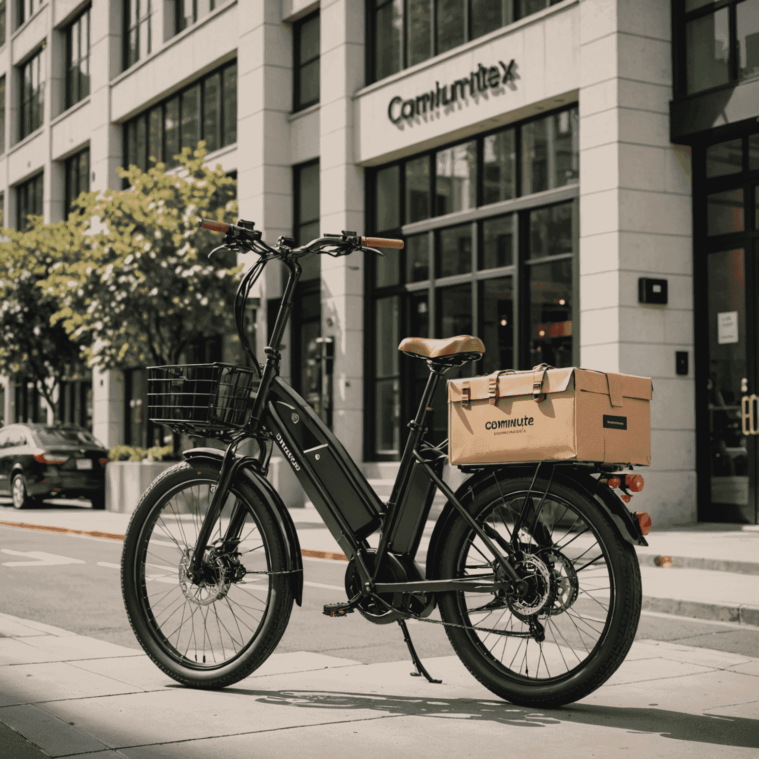 CommuteMax Cargo elektrische fiets met groot voorrek voor bagage, stevige standaard en brede banden, geladen met boodschappentassen en een aktetas, geparkeerd voor een kantoorgebouw